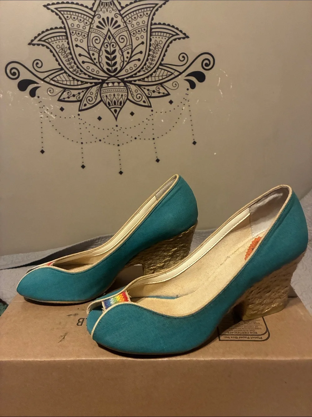 Rocket Dog Teal Canvas Peep-Toe Heels with Rainbow Accent - Picture 2 of 5